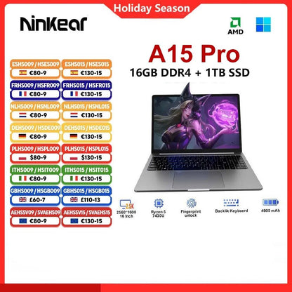 Ninkear A15 Pro Laptop 16GB 1TB AMD Ryzen 5 7430U 16 inch 120Hz 2560*1600 Display Screen Fingerprint Unlock Notebook Computer - Xlam
