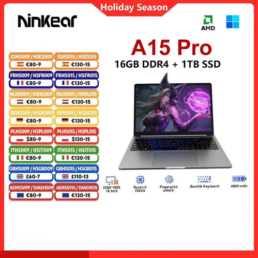 Ninkear A15 Pro Laptop 16GB 1TB AMD Ryzen 5 7430U 16 inch 120Hz 2560*1600 Display Screen Fingerprint Unlock Notebook Computer - Xlam