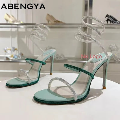 Summer Crystal Bowknot High Heels Sandals Woman Twine Around Ankle Snake Wedding Shoes For Woman Runway Gladiator Sandals Women - Xlam