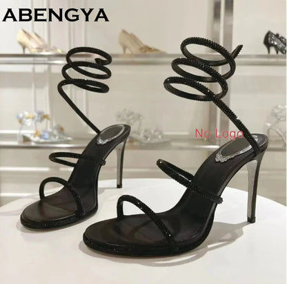 Summer Crystal Bowknot High Heels Sandals Woman Twine Around Ankle Snake Wedding Shoes For Woman Runway Gladiator Sandals Women - Xlam