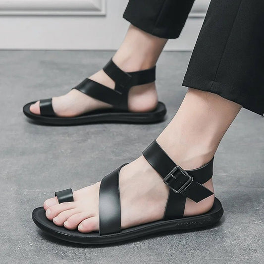 Summer New Men Gladiators Belt Buckle Leather Casual Shoes Breathable Beach Sandals Outdoor Slippers Black White Plus Size 38 - 45 - Xlam
