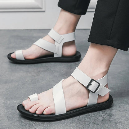 Summer New Men Gladiators Belt Buckle Leather Casual Shoes Breathable Beach Sandals Outdoor Slippers Black White Plus Size 38 - 45 - Xlam
