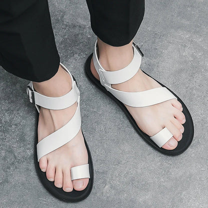 Summer New Men Gladiators Belt Buckle Leather Casual Shoes Breathable Beach Sandals Outdoor Slippers Black White Plus Size 38 - 45 - Xlam