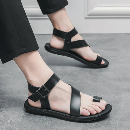 Summer New Men Gladiators Belt Buckle Leather Casual Shoes Breathable Beach Sandals Outdoor Slippers Black White Plus Size 38 - 45 - Xlam