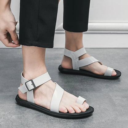 Summer New Men Gladiators Belt Buckle Leather Casual Shoes Breathable Beach Sandals Outdoor Slippers Black White Plus Size 38 - 45 - Xlam
