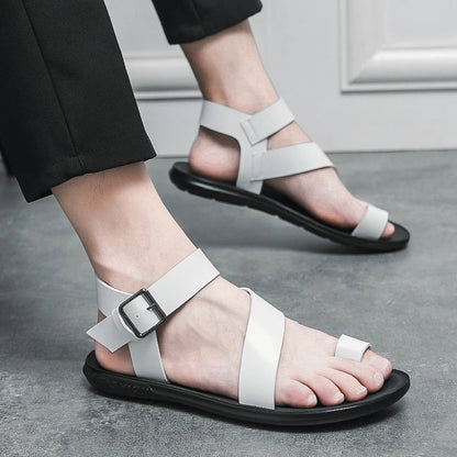 Summer New Men Gladiators Belt Buckle Leather Casual Shoes Breathable Beach Sandals Outdoor Slippers Black White Plus Size 38 - 45 - Xlam