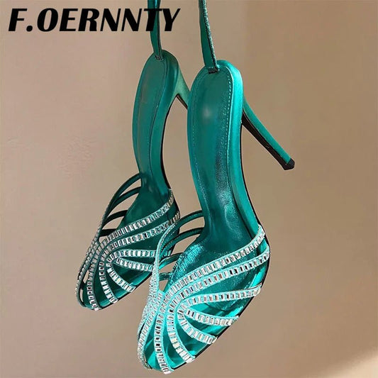 Summer New Rhinestone Closed Toe Runway Sandals Women Weave Hollow Stiletto Sandals Sexy Ankle Strap Crystal Sandals Women - Xlam
