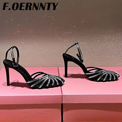 Summer New Rhinestone Closed Toe Runway Sandals Women Weave Hollow Stiletto Sandals Sexy Ankle Strap Crystal Sandals Women - Xlam