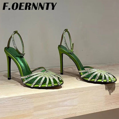 Summer New Rhinestone Closed Toe Runway Sandals Women Weave Hollow Stiletto Sandals Sexy Ankle Strap Crystal Sandals Women - Xlam