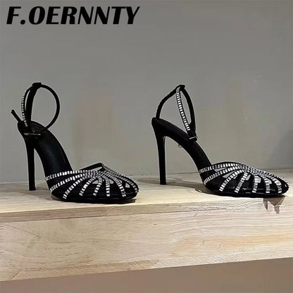 Summer New Rhinestone Closed Toe Runway Sandals Women Weave Hollow Stiletto Sandals Sexy Ankle Strap Crystal Sandals Women - Xlam