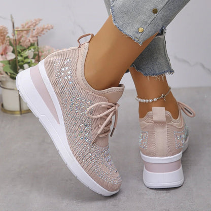 Women's Sneakers Shiny Rhinestone Wedge Breathable Knit Non Slip Walking Shoes Woman Plus Size Fashion Thick Sole White Sneaker - Xlam