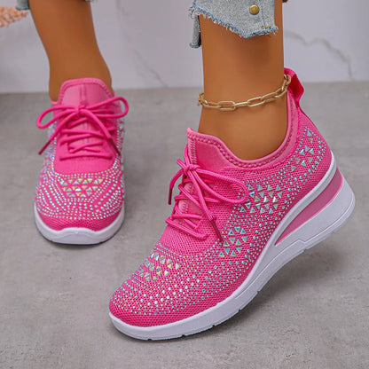 Women's Sneakers Shiny Rhinestone Wedge Breathable Knit Non Slip Walking Shoes Woman Plus Size Fashion Thick Sole White Sneaker - Xlam