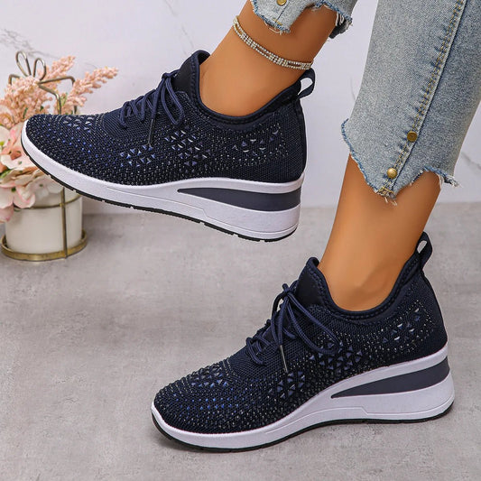 Women's Sneakers Shiny Rhinestone Wedge Breathable Knit Non Slip Walking Shoes Woman Plus Size Fashion Thick Sole White Sneaker - Xlam