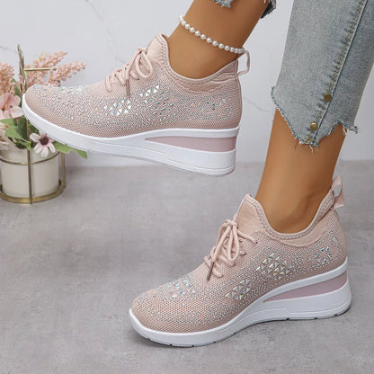Women's Sneakers Shiny Rhinestone Wedge Breathable Knit Non Slip Walking Shoes Woman Plus Size Fashion Thick Sole White Sneaker - Xlam